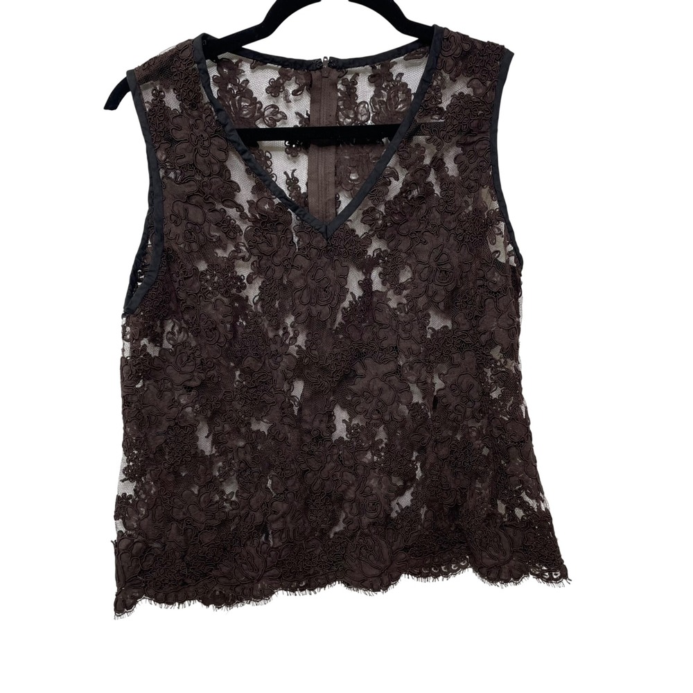Brown Lace Sheer Floral Sleeveless V-Neck Blouse  Whimsigoth‎ Dark Fairy Witchy
